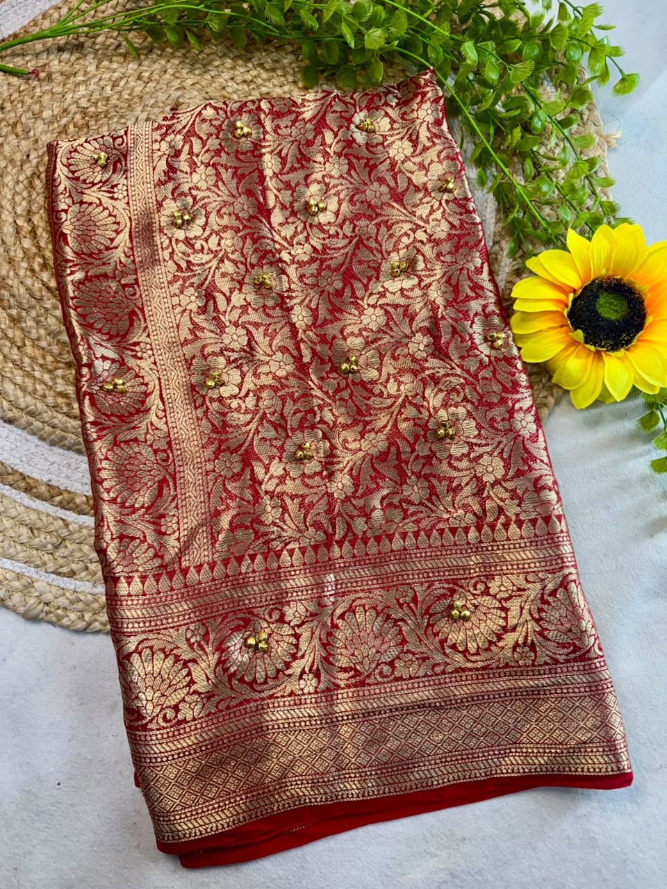 Traditional Red Cotton Silk Banarasi Zari Saree with Ghunghru Work