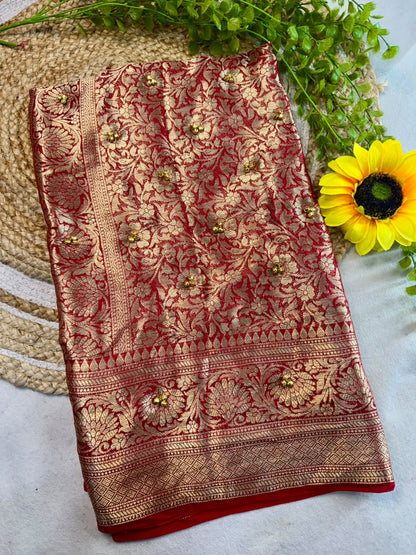 Traditional Red Cotton Silk Banarasi Zari Saree with Ghunghru Work