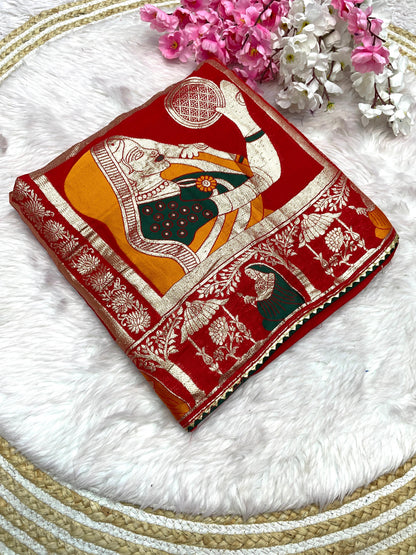 Red color Dola Silk Saree with Unstitched Blouse