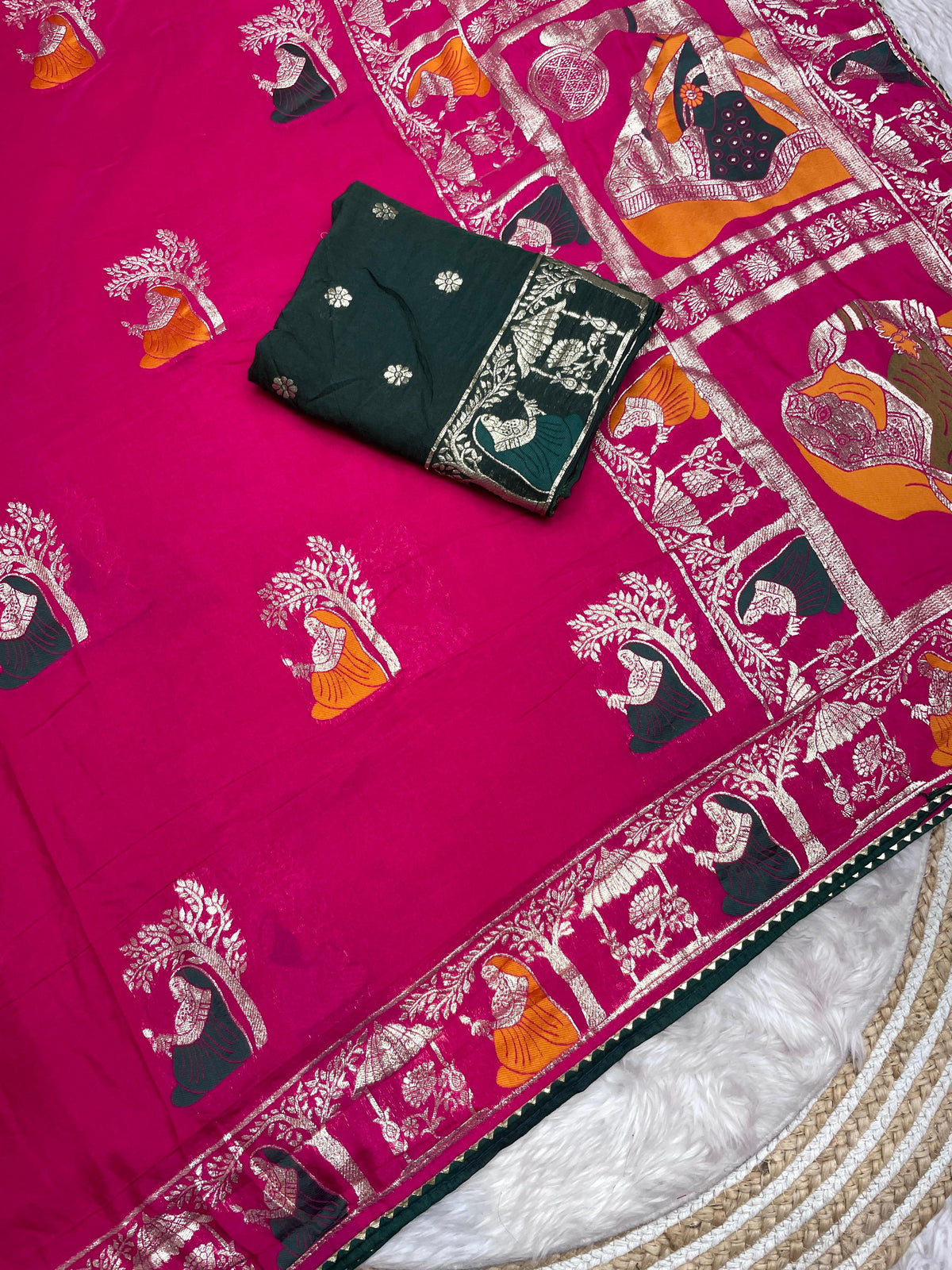 Rani Pink color Dola Silk Saree with Unstitched Blouse