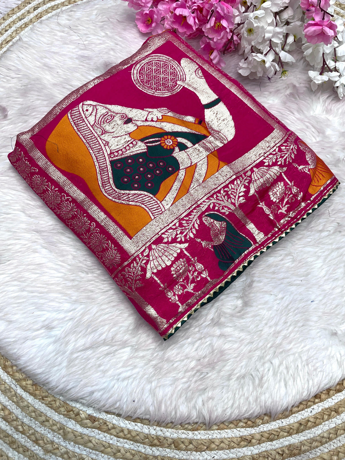 Rani Pink color Dola Silk Saree with Unstitched Blouse