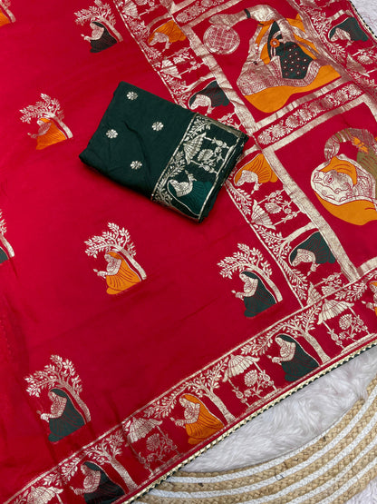 Red color Dola Silk Saree with Unstitched Blouse