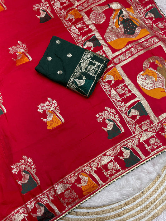 Red color Dola Silk Saree with Unstitched Blouse