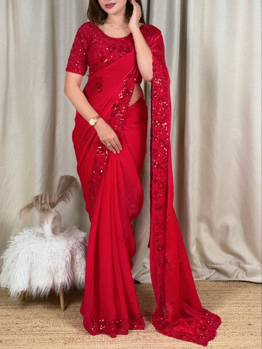 Red Color Fandy Sattin Designer Saree with Unstitched Blouse