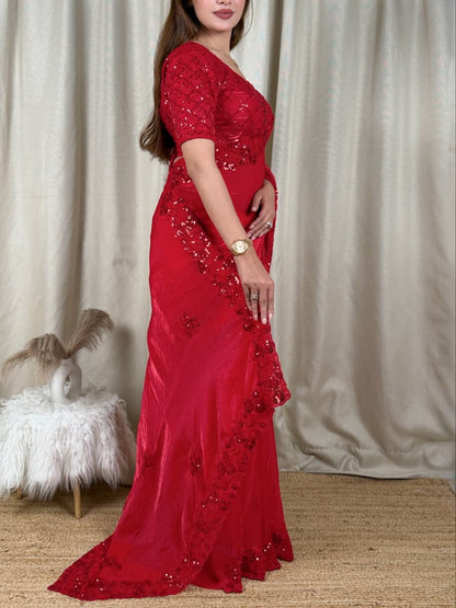 Red Color Fandy Sattin Designer Saree with Unstitched Blouse