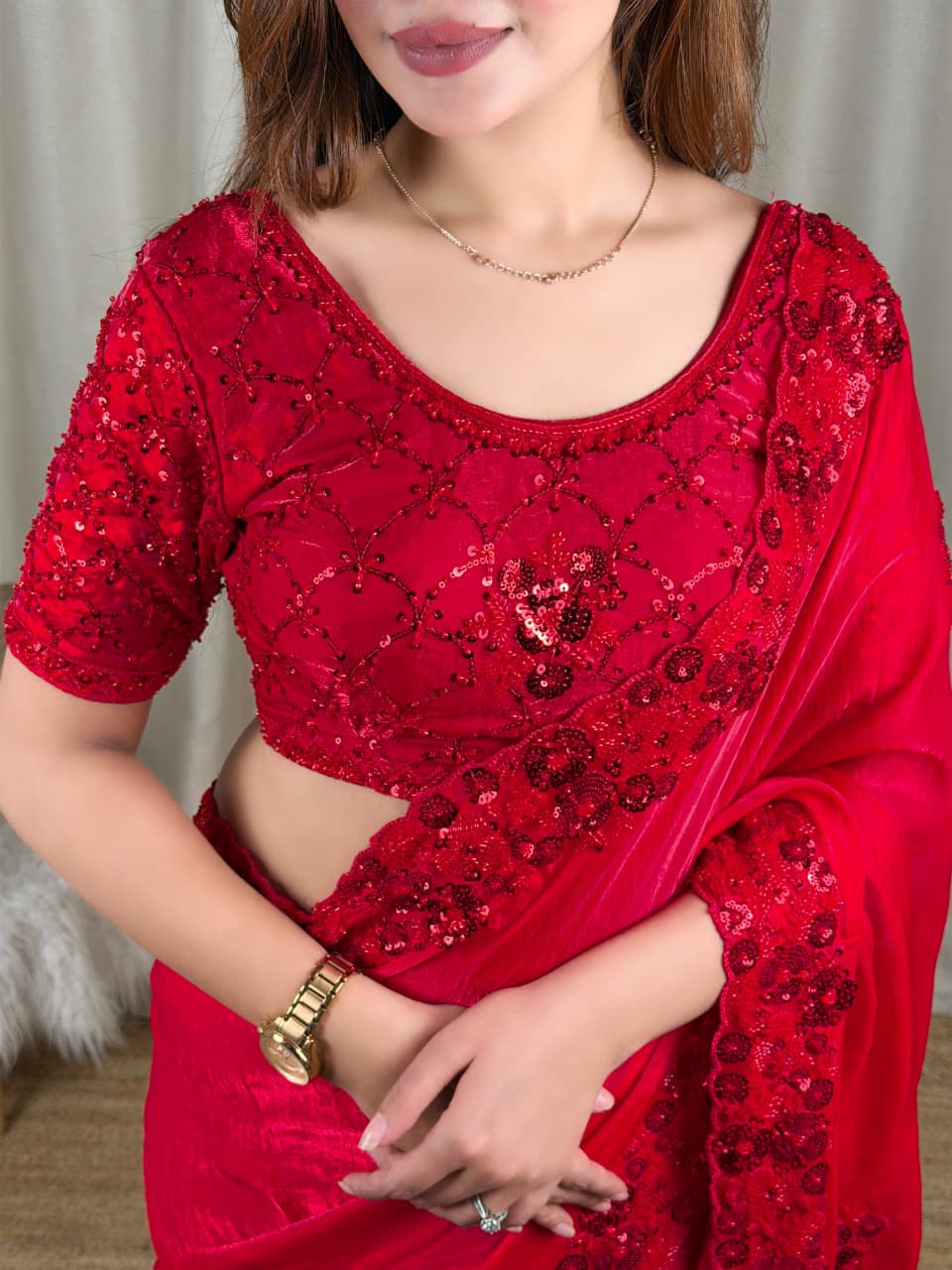 Red Color Fandy Sattin Designer Saree with Unstitched Blouse