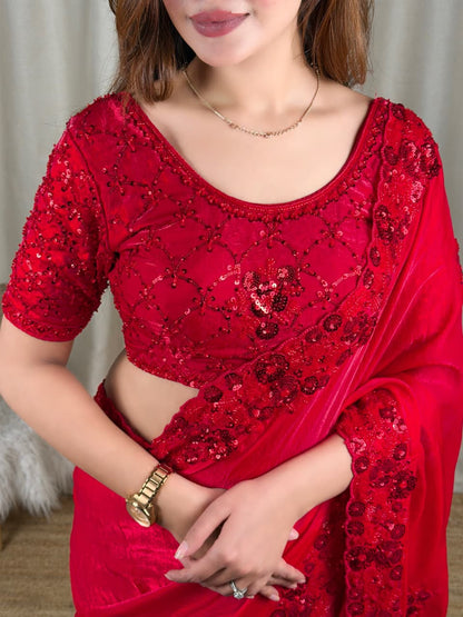 Red Color Fandy Sattin Designer Saree with Unstitched Blouse