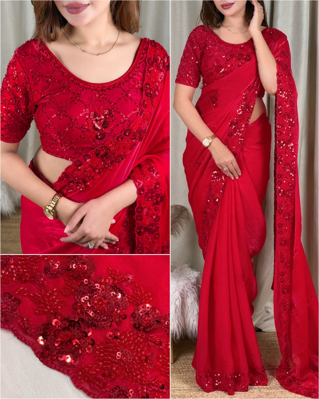 Red Color Fandy Sattin Designer Saree with Unstitched Blouse