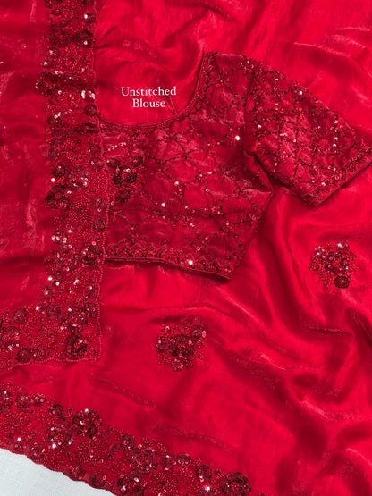 Red Color Fandy Sattin Designer Saree with Unstitched Blouse