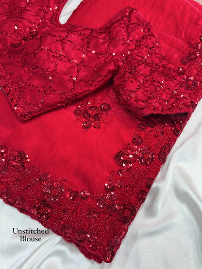 Red Color Fandy Sattin Designer Saree with Unstitched Blouse