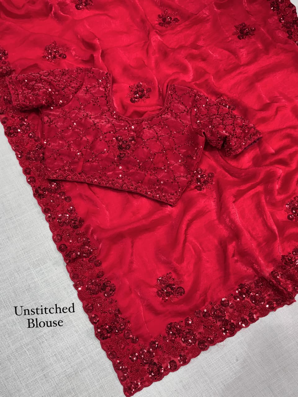 Red Color Fandy Sattin Designer Saree with Unstitched Blouse