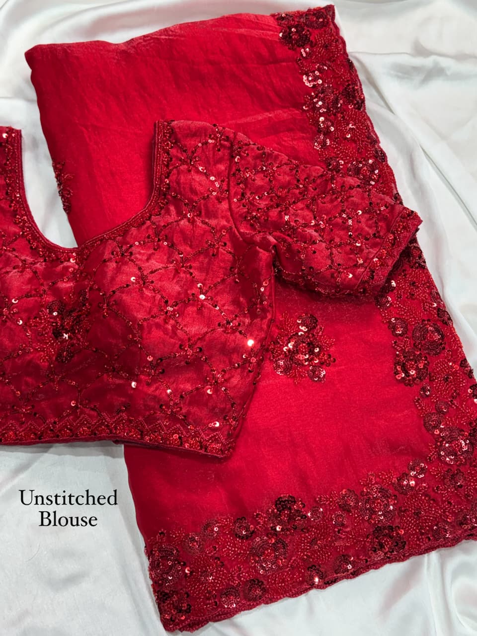Red Color Fandy Sattin Designer Saree with Unstitched Blouse