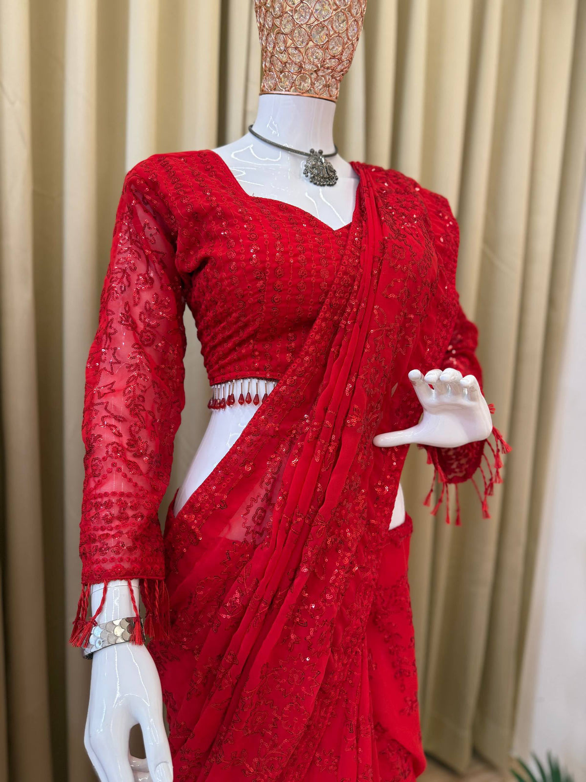 Red Color Georgette saree with Readymade Blouse