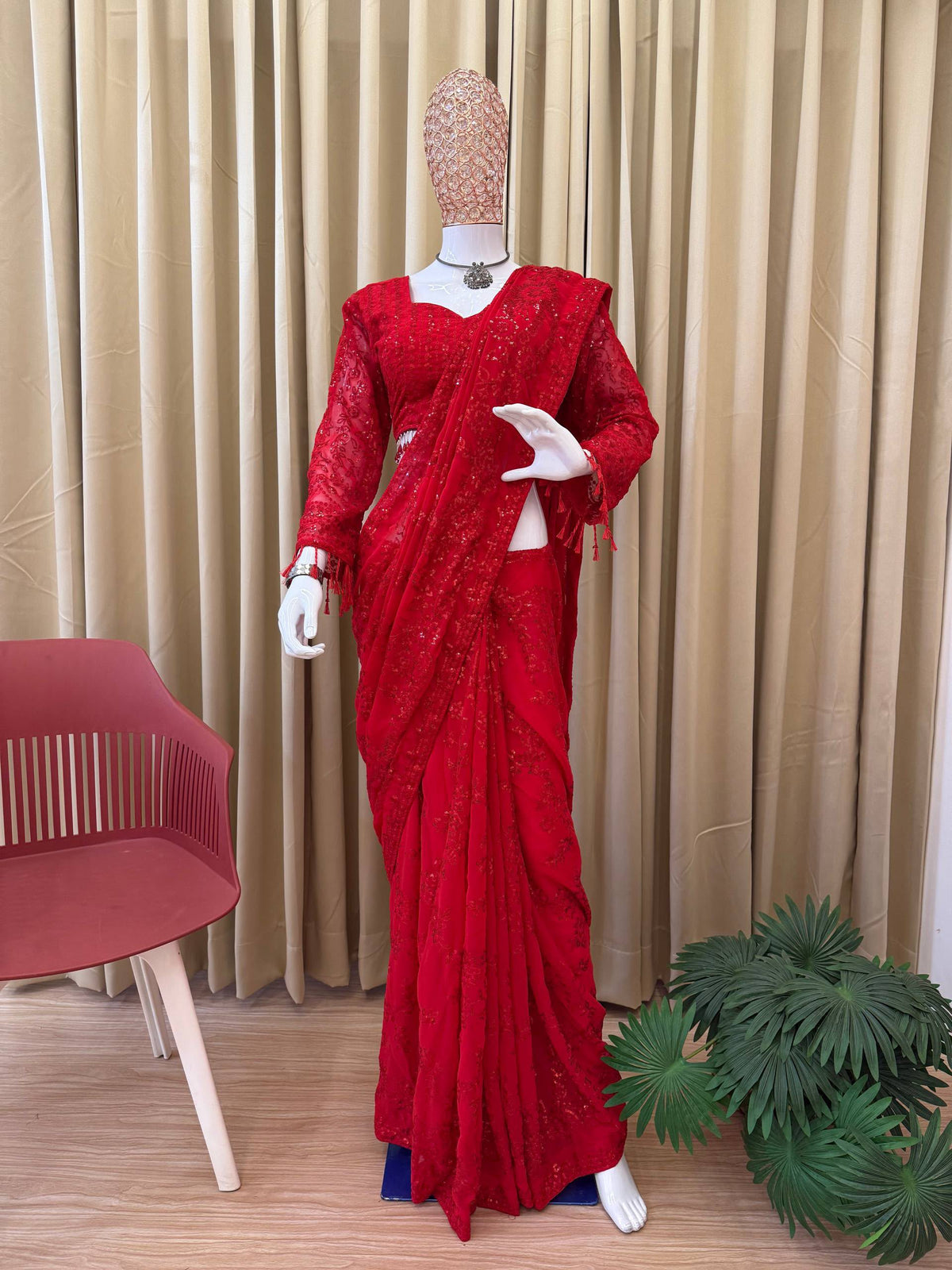 Red Color Georgette saree with Readymade Blouse