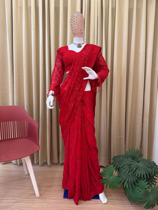 Red Color Georgette saree with Readymade Blouse