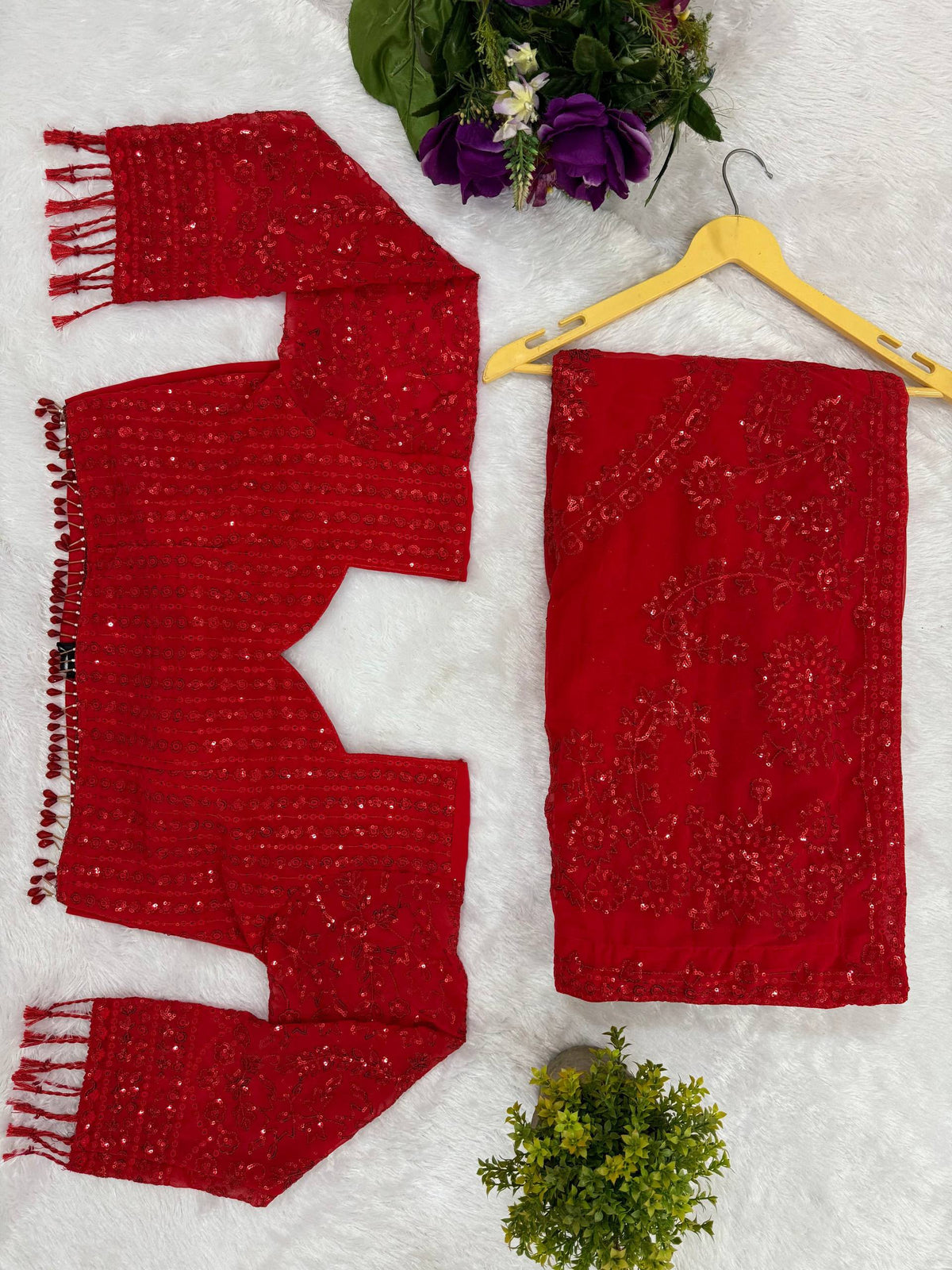 Red Color Georgette saree with Readymade Blouse
