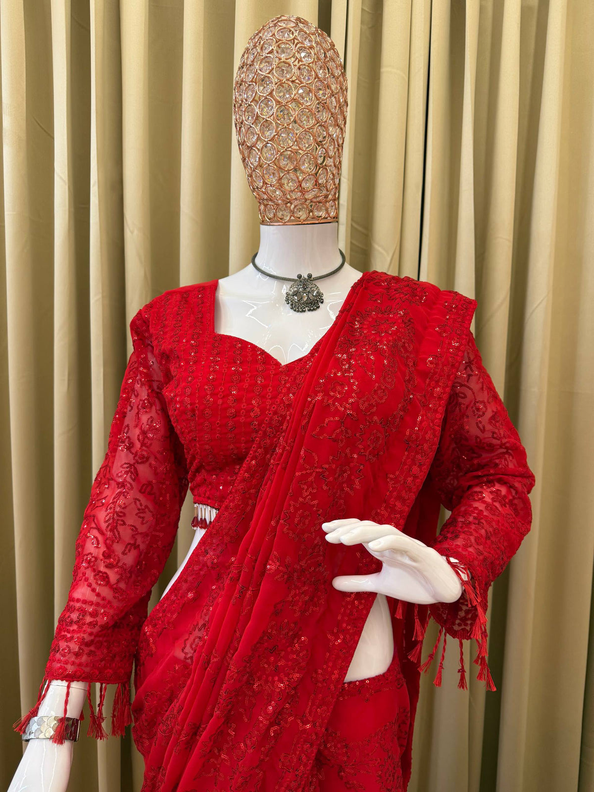Red Color Georgette saree with Readymade Blouse
