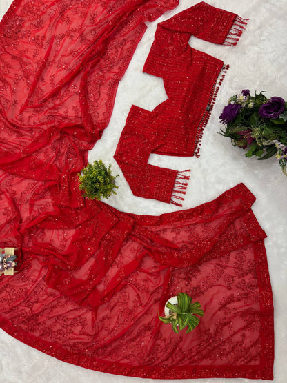 Red Color Georgette saree with Readymade Blouse