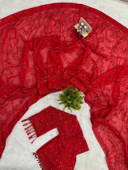 Red Color Georgette saree with Readymade Blouse