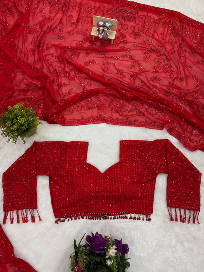 Red Color Georgette saree with Readymade Blouse
