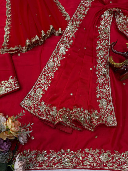 Red Color Rangoli Silk Saree Blouse with Dupatta