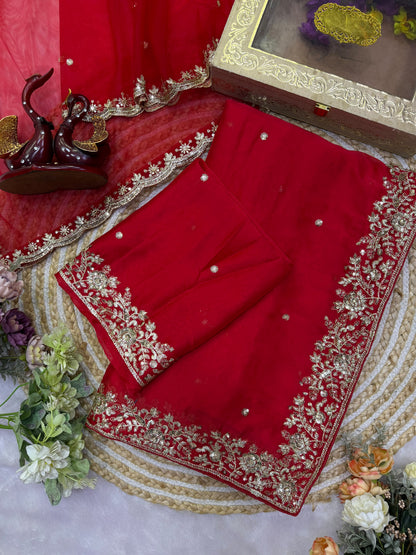 Red Color Rangoli Silk Saree Blouse with Dupatta