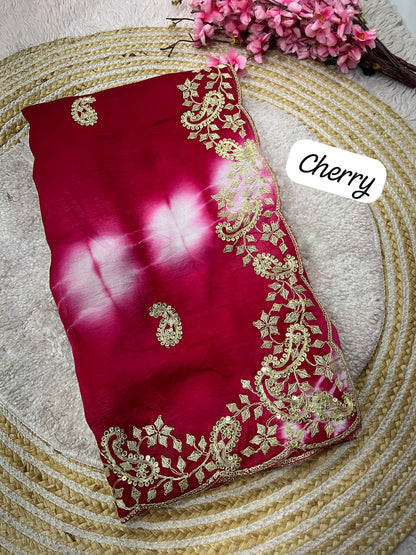 Cherry color Designer Party Wear Saree with Unstitched Blouse