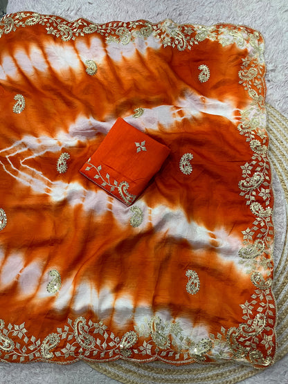 Rust Orange color Designer Party Wear Saree with Unstitched Blouse