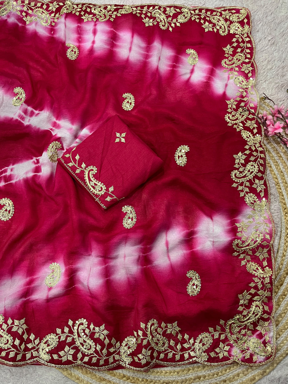Cherry color Designer Party Wear Saree with Unstitched Blouse