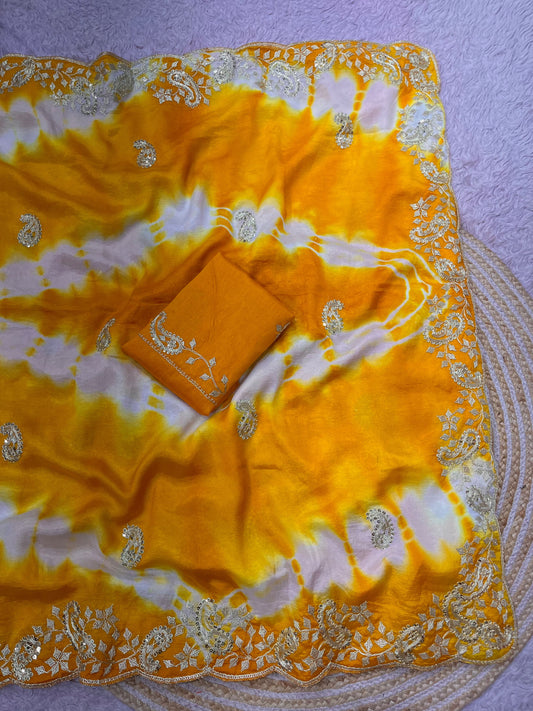 Yellow color Designer Party Wear Saree with Unstitched Blouse