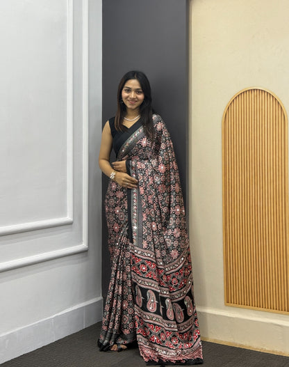 Black Satin Silk Print with Mirror work Saree with Unstitched Blouse