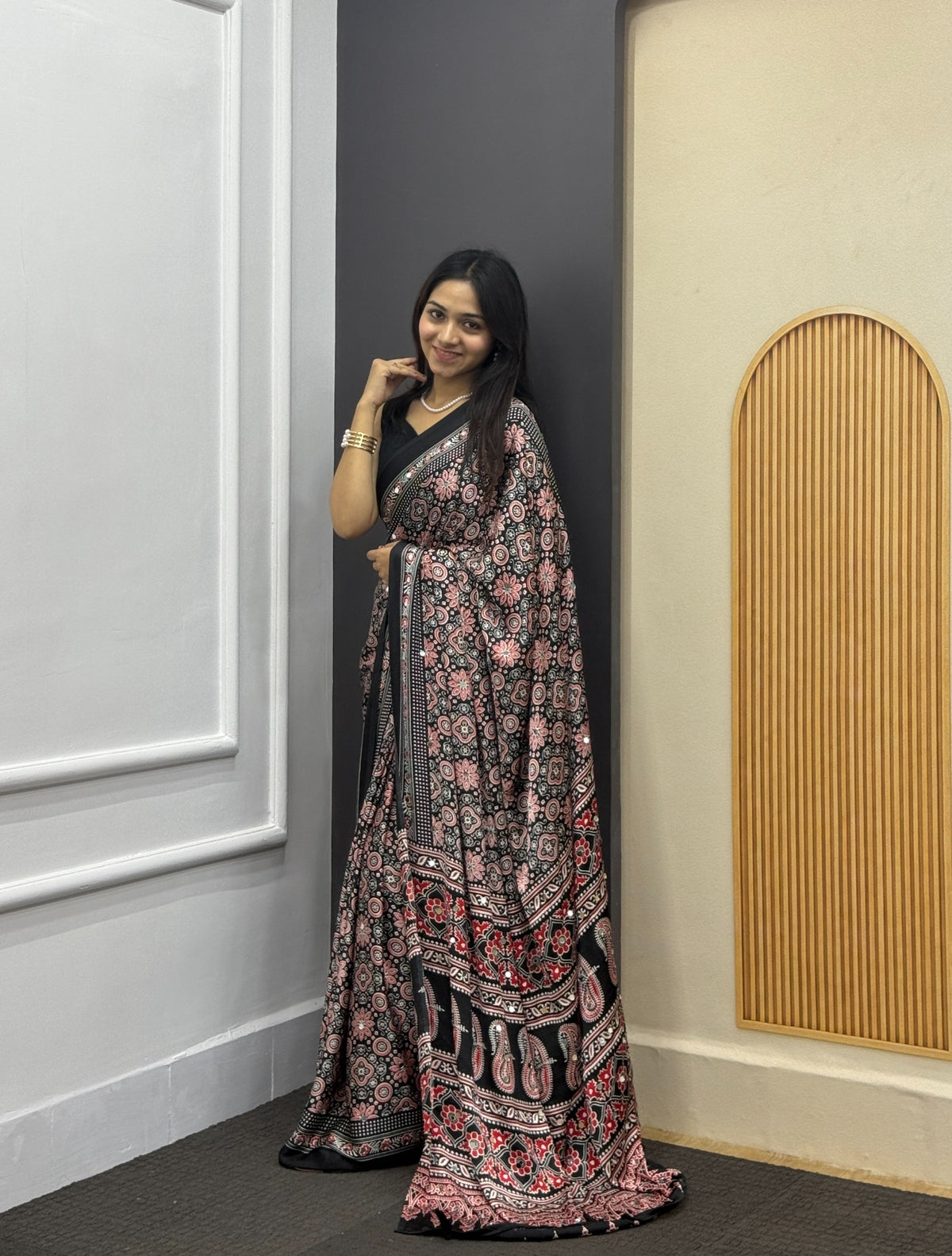 Black Satin Silk Print with Mirror work Saree with Unstitched Blouse