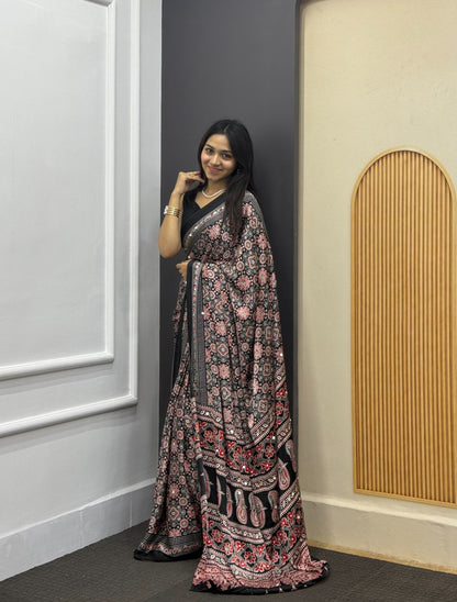 Black Satin Silk Print with Mirror work Saree with Unstitched Blouse