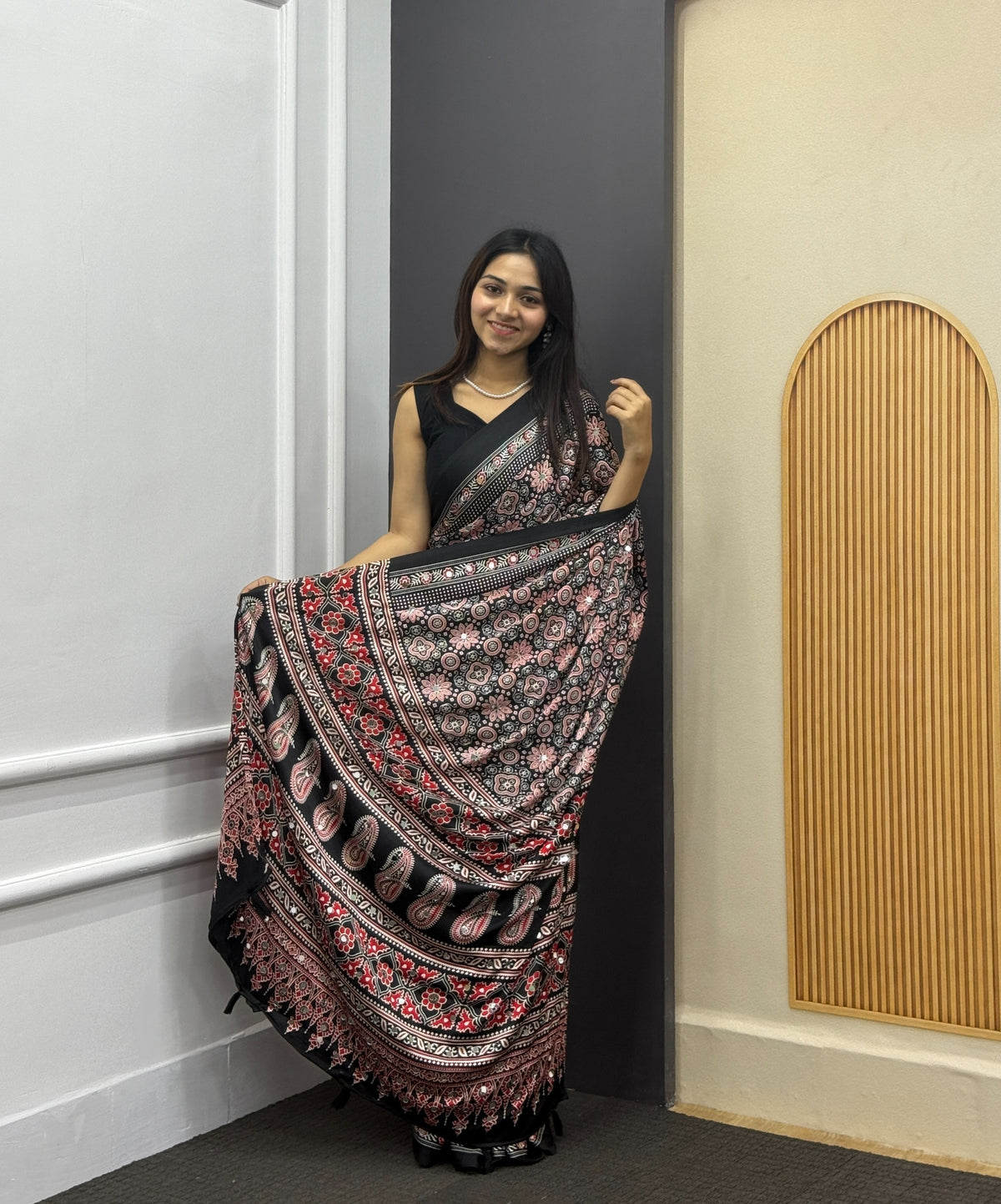 Black Satin Silk Print with Mirror work Saree with Unstitched Blouse
