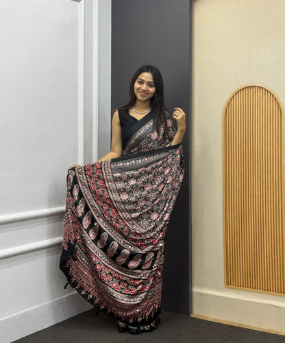 Black Satin Silk Print with Mirror work Saree with Unstitched Blouse