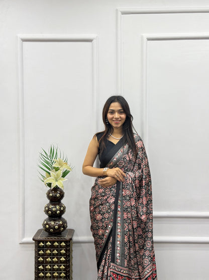 Black Satin Silk Print with Mirror work Saree with Unstitched Blouse