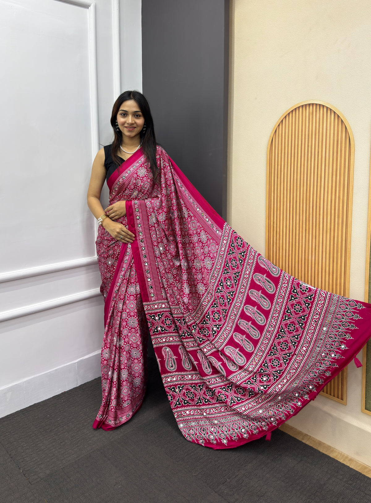 Rani Pink Satin Silk Print with Mirror work Saree with Unstitched Blouse