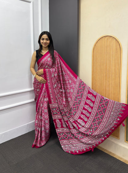 Rani Pink Satin Silk Print with Mirror work Saree with Unstitched Blouse