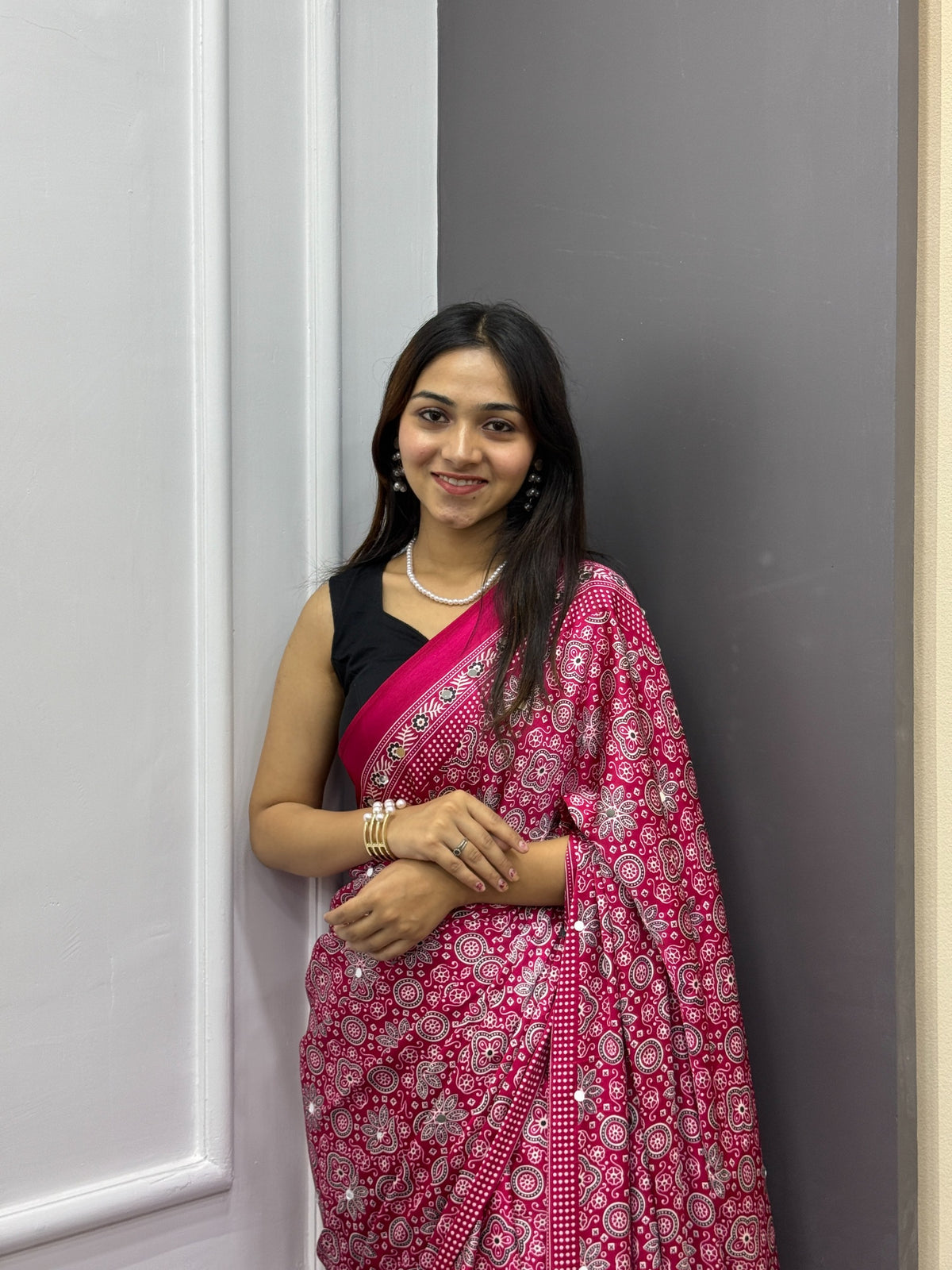 Rani Pink Satin Silk Print with Mirror work Saree with Unstitched Blouse
