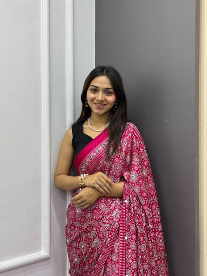 Rani Pink Satin Silk Print with Mirror work Saree with Unstitched Blouse