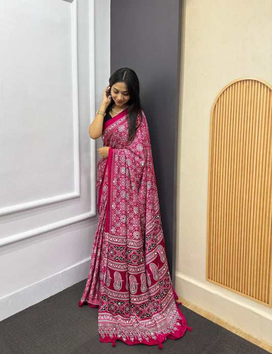 Rani Pink Satin Silk Print with Mirror work Saree with Unstitched Blouse
