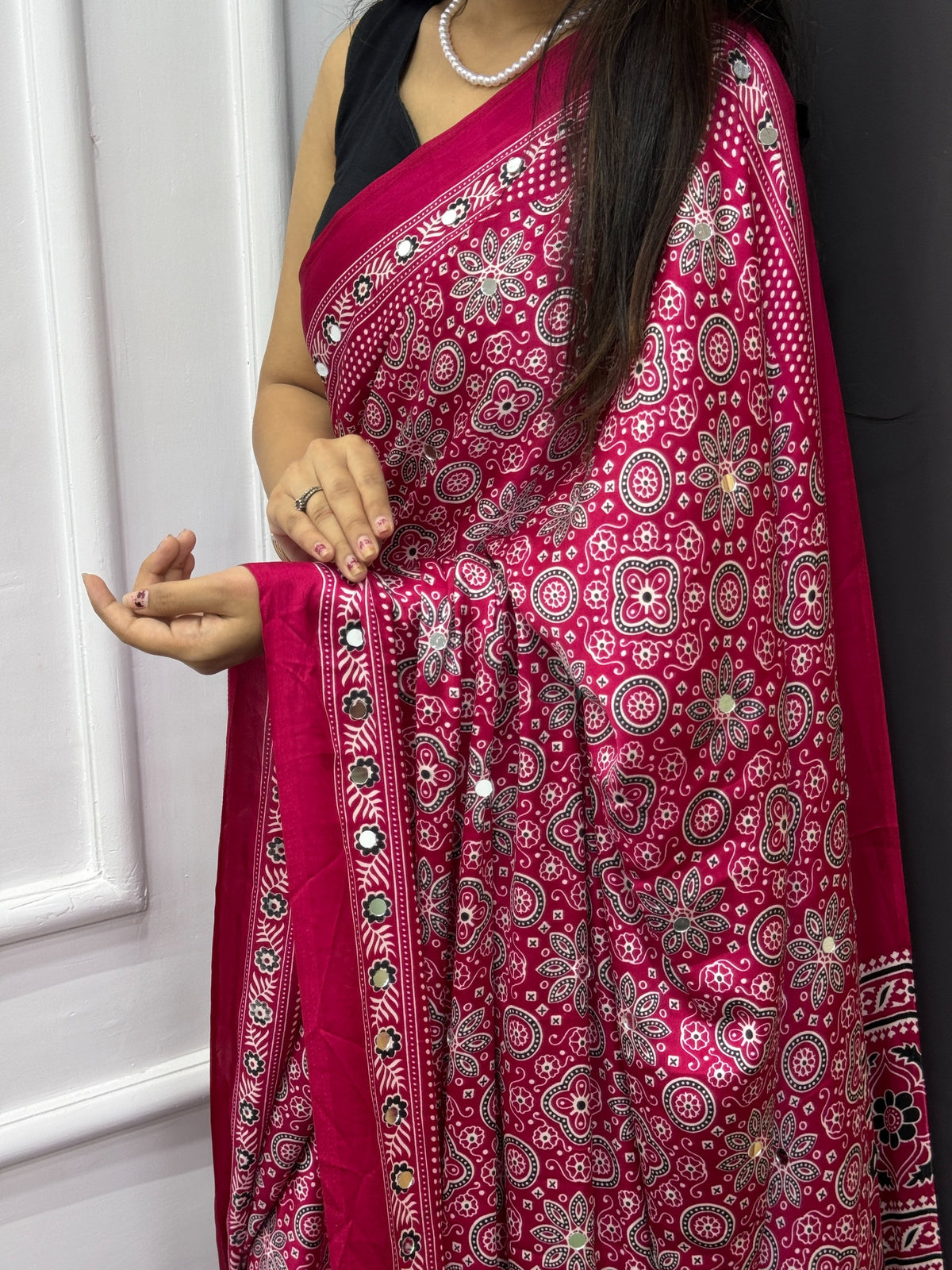 Rani Pink Satin Silk Print with Mirror work Saree with Unstitched Blouse