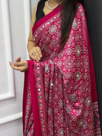 Rani Pink Satin Silk Print with Mirror work Saree with Unstitched Blouse