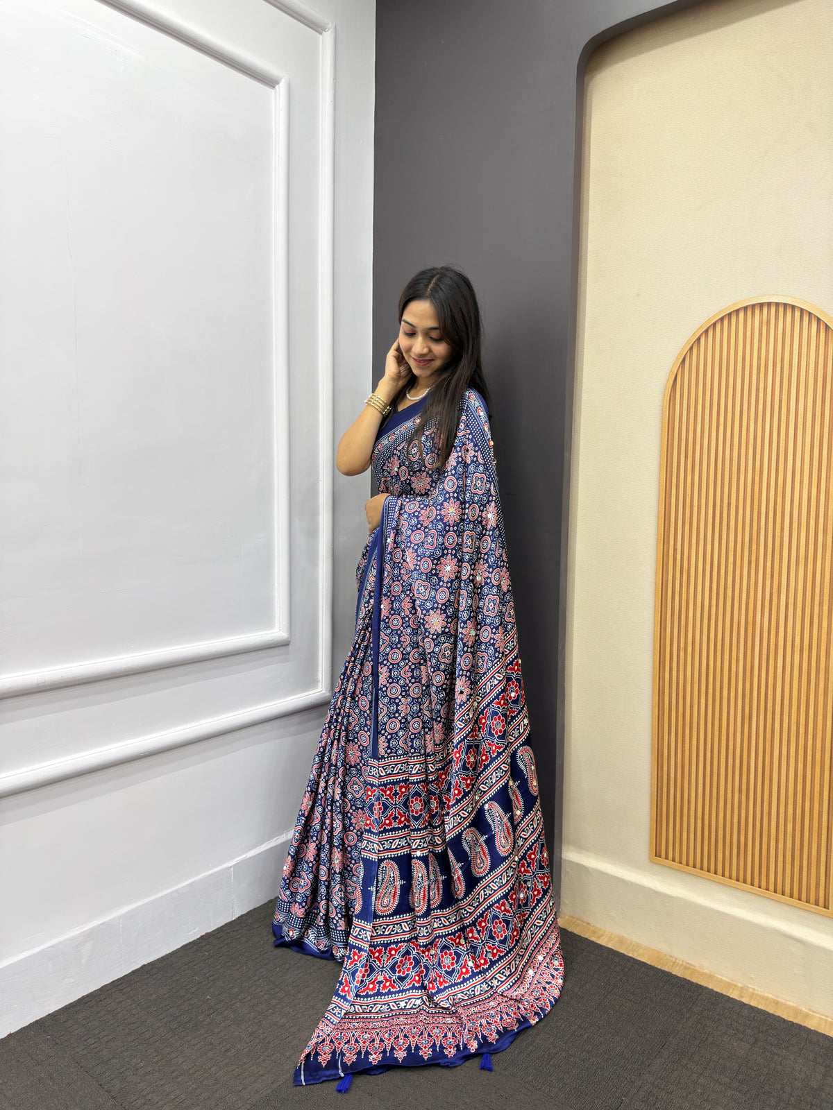 Blue Satin Silk Print with Mirror work Saree with Unstitched Blouse