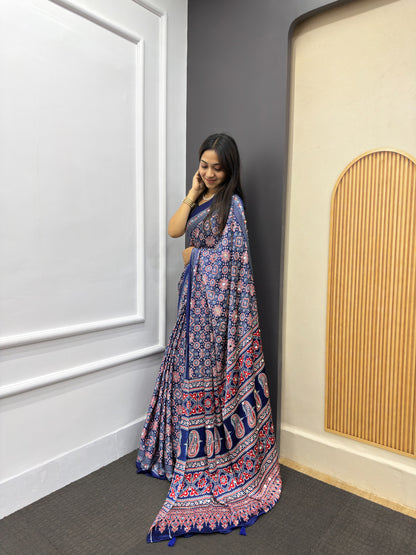 Blue Satin Silk Print with Mirror work Saree with Unstitched Blouse