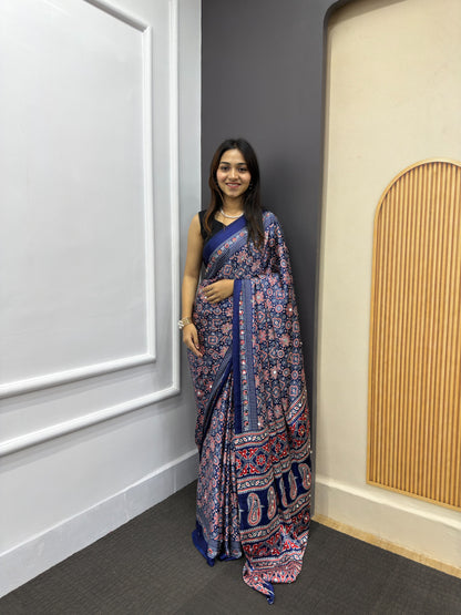 Blue Satin Silk Print with Mirror work Saree with Unstitched Blouse