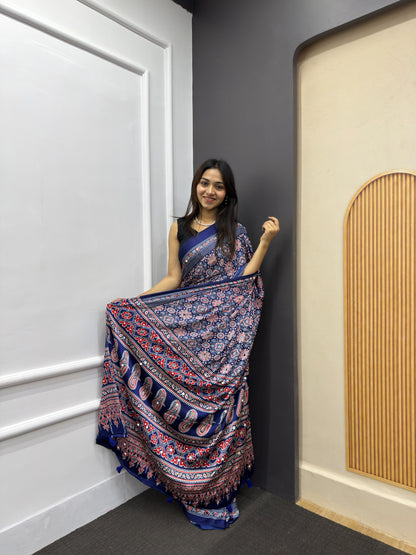 Blue Satin Silk Print with Mirror work Saree with Unstitched Blouse
