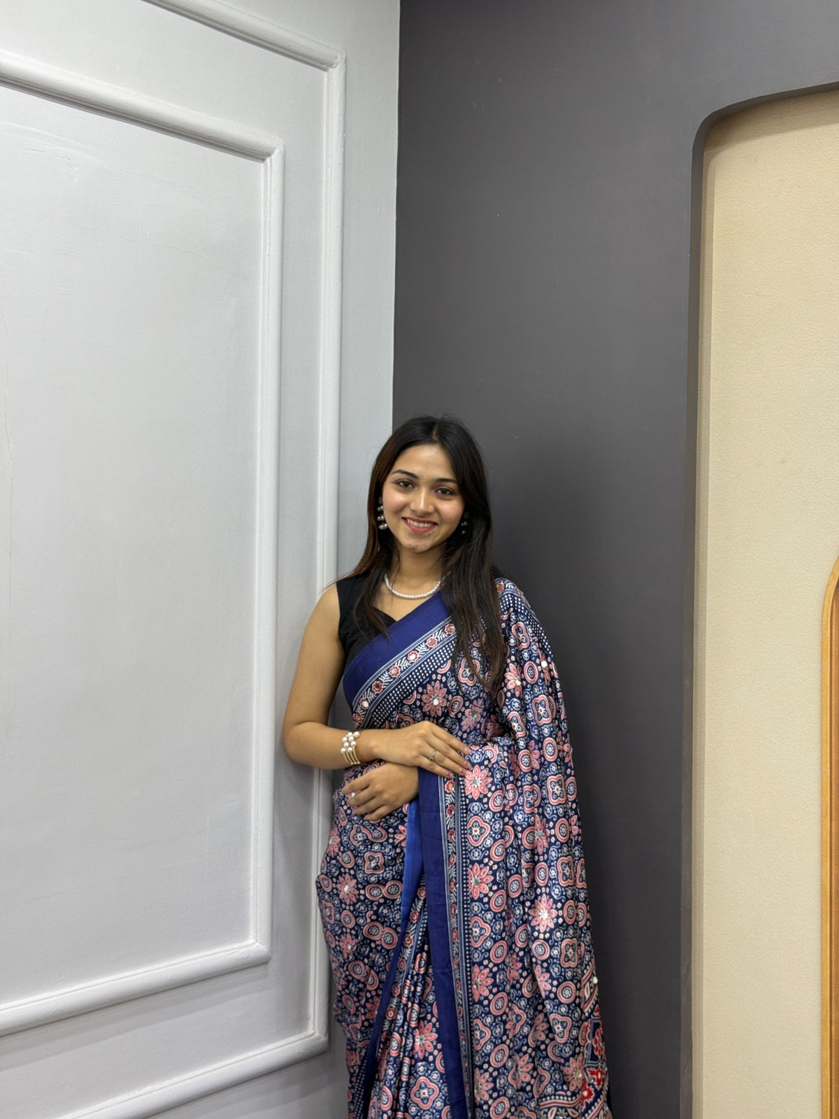 Blue Satin Silk Print with Mirror work Saree with Unstitched Blouse