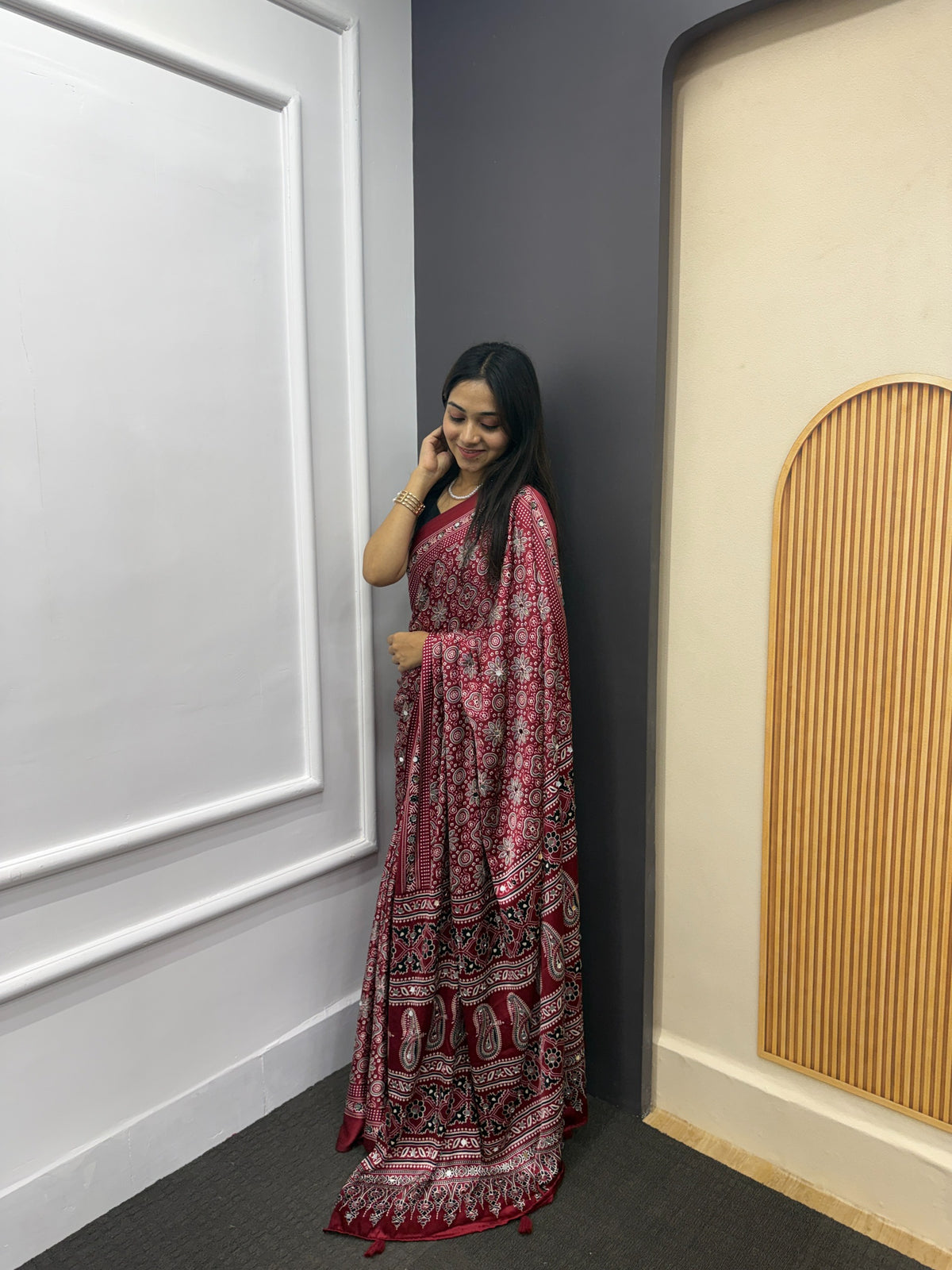 Maroon Satin Silk Print with Mirror work Saree with Unstitched Blouse
