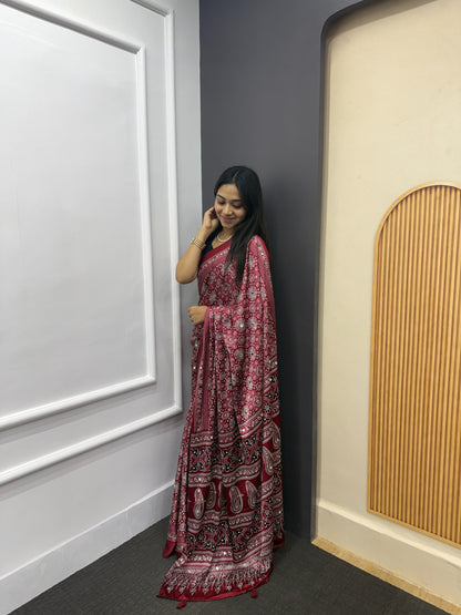 Maroon Satin Silk Print with Mirror work Saree with Unstitched Blouse